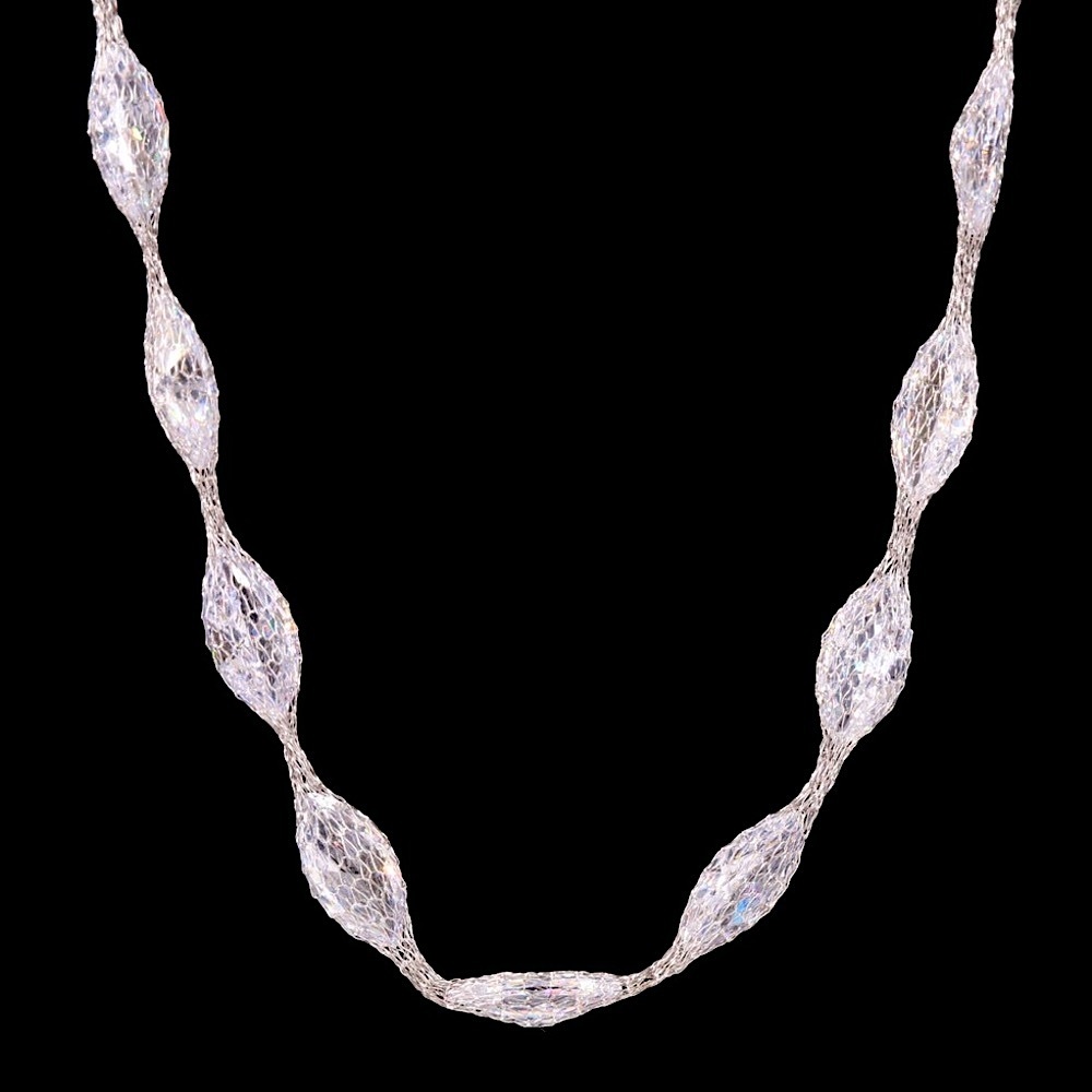 Solid 14K White Gold Mesh Web DQCZ Station Necklace